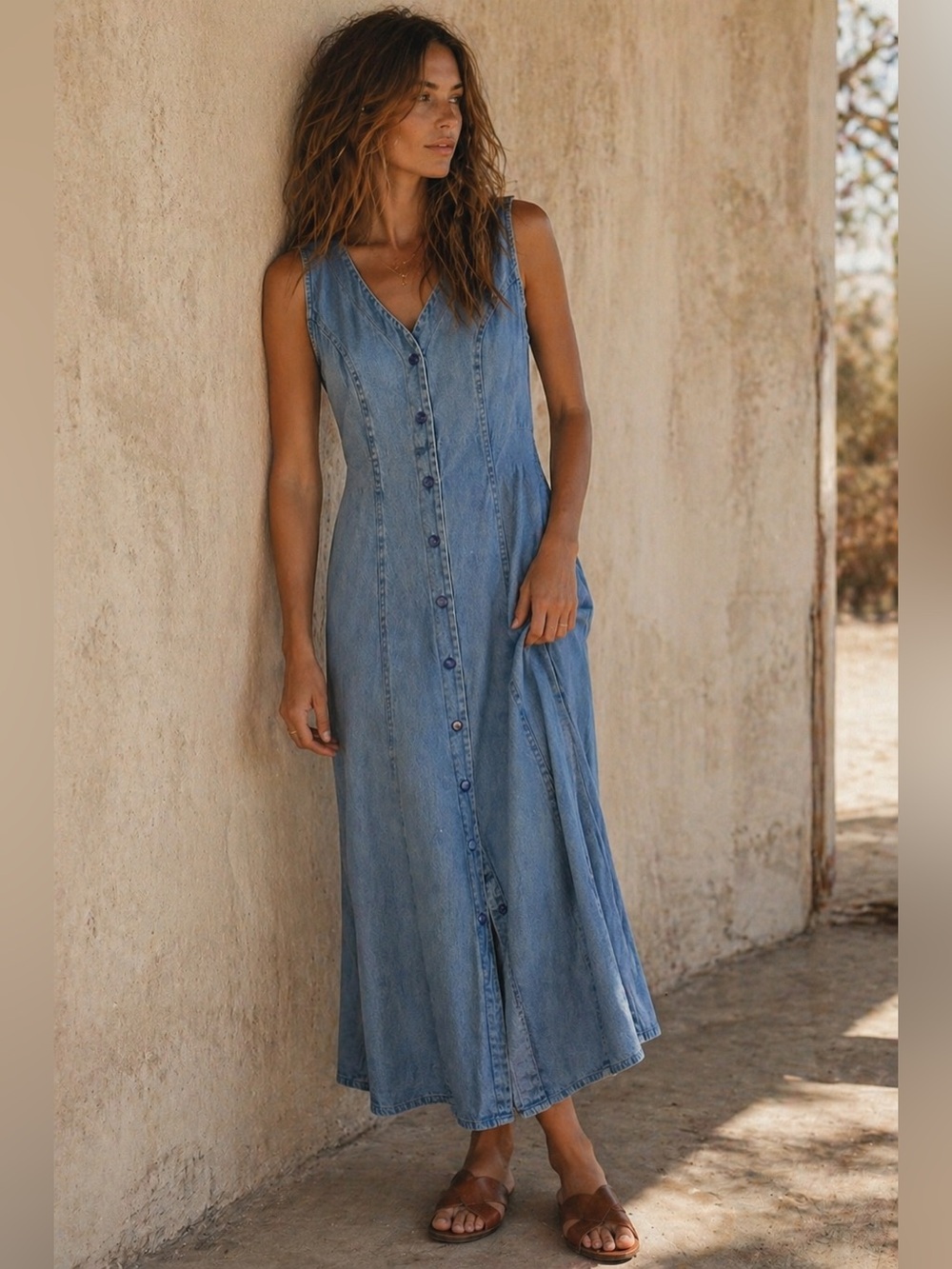 L’atelier Vintage Denim Button Front Midi Dress | Cotton | M